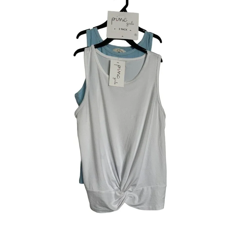 NWT BUNDLE of 2 Pinc Girls T-Shirt 16 White Blue Ribbed Sleeveless Tee Tops